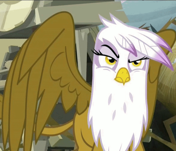 Size: 588x505 | Tagged: safe, screencap, character:gilda, character:rainbow dash, species:griffon, episode:the lost treasure of griffonstone, g4, my little pony: friendship is magic, animated, gilda is not amused, raised eyebrow