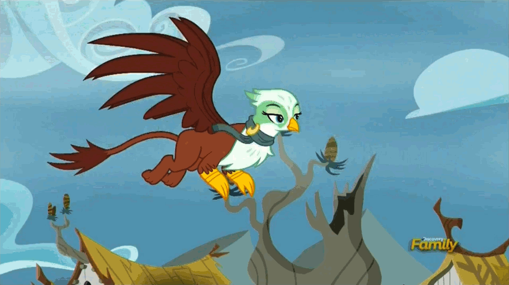 Size: 1017x570 | Tagged: safe, screencap, character:galena, character:greta, species:griffon, episode:the lost treasure of griffonstone, g4, my little pony: friendship is magic, animated, bump, duo, flying, griffonstone, no brakes, rude