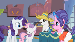 Size: 1280x720 | Tagged: safe, screencap, character:cookie crumbles, character:hondo flanks, character:rarity, character:sweetie belle, ship:cookieflanks, episode:sisterhooves social, g4, my little pony: friendship is magic, rarity's parents, shipping
