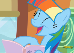 Size: 1399x1015 | Tagged: safe, screencap, character:rainbow dash, species:pegasus, species:pony, episode:the lost treasure of griffonstone, g4, my little pony: friendship is magic, alternate hairstyle, book, cute, dashabetes, eyes closed, female, mane swap, manebow sparkle, mare, open mouth, solo