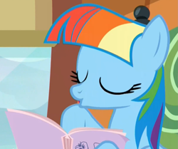 Size: 1209x1012 | Tagged: safe, screencap, character:rainbow dash, episode:the lost treasure of griffonstone, g4, my little pony: friendship is magic, :o, alternate hairstyle, book, cute, eyes closed, kissy face, mane swap, manebow sparkle, smiling, solo