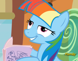 Size: 1286x1013 | Tagged: safe, screencap, character:rainbow dash, episode:the lost treasure of griffonstone, g4, my little pony: friendship is magic, alternate hairstyle, book, chickun, cute, derp, faec, mane swap, manebow sparkle, smiling, solo