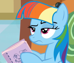 Size: 1191x1012 | Tagged: safe, screencap, character:rainbow dash, episode:the lost treasure of griffonstone, g4, my little pony: friendship is magic, alternate hairstyle, book, mane swap, manebow sparkle, solo, unamused