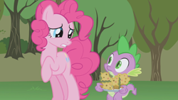 Size: 1280x720 | Tagged: safe, screencap, character:pinkie pie, character:spike, baked bads, food, muffin, pinkie pie is not amused, unamused
