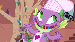 Size: 1280x720 | Tagged: safe, screencap, character:peewee, character:spike, episode:just for sidekicks, g4, my little pony: friendship is magic, chef's hat, clothing, hat, jewel teeth, jewels, peewee, smiling, solo, teeth, toque