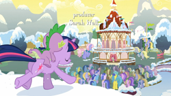 Size: 1366x768 | Tagged: safe, screencap, character:amethyst star, character:blues, character:cloud kicker, character:derpy hooves, character:dizzy twister, character:doctor whooves, character:lemon hearts, character:linky, character:lyra heartstrings, character:mayor mare, character:meadow song, character:minuette, character:mjölna, character:noteworthy, character:oakey doke, character:orange swirl, character:rainbowshine, character:sea swirl, character:shoeshine, character:silver spanner, character:sparkler, character:spike, character:sunshower raindrops, character:time turner, character:twilight sparkle, character:twilight sparkle (unicorn), species:dragon, species:earth pony, species:pegasus, species:pony, species:unicorn, episode:winter wrap up, g4, my little pony: friendship is magic, animation error, background pony, background pony audience, derpies, dragons riding ponies, eiffel, female, flounder (character), fuchsia fizz, lavenderhoof, male, mare, multeity, ponyville town hall, riding, snow, stallion, town hall, welch