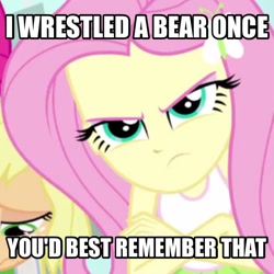 Size: 606x606 | Tagged: safe, screencap, character:fluttershy, episode:a case for the bass, equestria girls:rainbow rocks, g4, my little pony:equestria girls, angry, badass, flutterbadass, fluttershy is not amused, image macro, meme