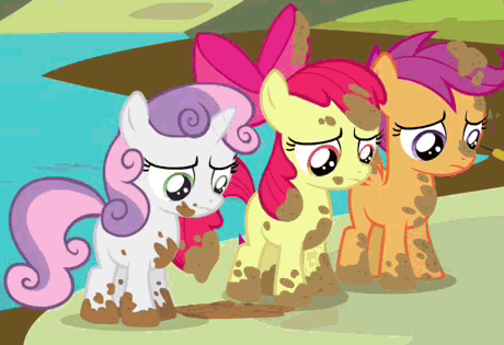 Size: 460x315 | Tagged: safe, screencap, character:apple bloom, character:applejack, character:scootaloo, character:sweetie belle, species:pegasus, species:pony, episode:one bad apple, g4, my little pony: friendship is magic, animated, backwards, cutie mark crusaders, gif, looking down, mud, reversed