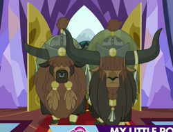 Size: 821x623 | Tagged: safe, screencap, species:yak, episode:party pooped, g4, my little pony: friendship is magic, braided beard, cloven hooves, duo, male, nose piercing, nose ring, piercing, twilight's castle