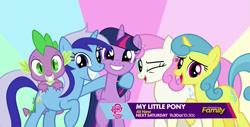 Size: 1279x650 | Tagged: safe, screencap, character:lemon hearts, character:minuette, character:spike, character:twilight sparkle, character:twilight sparkle (alicorn), character:twinkleshine, species:alicorn, species:dragon, species:pony, species:unicorn, episode:amending fences, g4, my little pony: friendship is magic, butt touch, dragons riding ponies, female, hand on butt, hug, implied moondancer, male, mare, riding