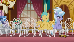 Size: 1920x1080 | Tagged: safe, screencap, character:cloudchaser, character:sunshower raindrops, episode:slice of life, g4, my little pony: friendship is magic, chair, falling, sitting, wedding