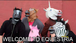 Size: 960x540 | Tagged: safe, screencap, species:human, episode:slice of life, g4, my little pony: friendship is magic, hoers mask, horse mask group shot, image macro, irl, irl human, ishi rudell, jayson thiessen, jim miller, katrina hadley, meme, photo, timothy packford, true equestria, wat