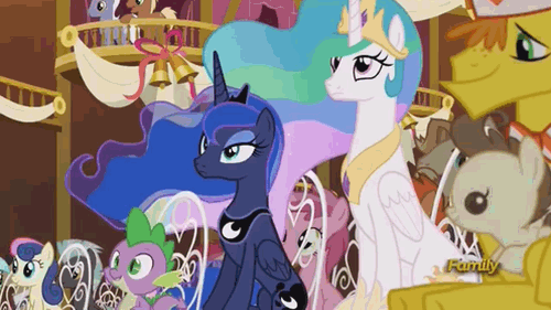 Size: 500x281 | Tagged: safe, screencap, character:bon bon, character:button mash, character:carrot cake, character:jeff letrotski, character:liquid button, character:lotus blossom, character:meadow song, character:pound cake, character:princess celestia, character:princess luna, character:roseluck, character:ruby pinch, character:spike, character:sweetie drops, character:thunderlane, species:alicorn, species:dragon, species:earth pony, species:pegasus, species:pony, episode:slice of life, g4, my little pony: friendship is magic, animated, colt, discovery family, discovery family logo, female, gif, male, mare, sibling bonding, sisters, stallion