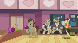 Size: 855x471 | Tagged: safe, screencap, character:doctor whooves, character:jeff letrotski, character:time turner, species:pony, episode:slice of life, g4, my little pony: friendship is magic, bow tie, bowling, clothing, colter sobchak, discovery family logo, donny, male, stallion, the big lebowski, tuxedo