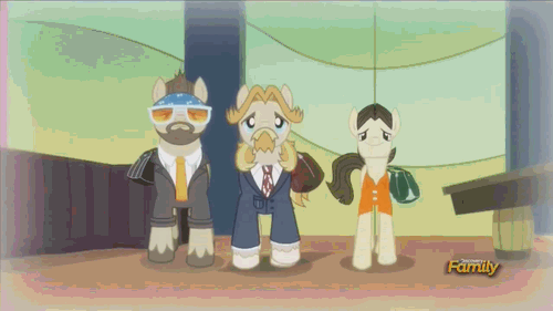 Size: 500x281 | Tagged: safe, screencap, character:jeff letrotski, episode:slice of life, g4, my little pony: friendship is magic, animated, bowling bag, colter sobchak, discovery family, discovery family logo, donny, majestic, necktie, sunglasses, the big lebowski, theodore donald "donny" kerabatsos