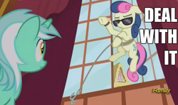 Size: 1200x710 | Tagged: safe, screencap, character:bon bon, character:lyra heartstrings, character:sweetie drops, episode:slice of life, g4, my little pony: friendship is magic, bon bond, deal with it, grappling hook, image macro, meme, rope, sunglasses, watch