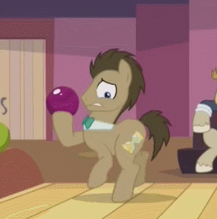 Size: 313x315 | Tagged: safe, screencap, character:doctor whooves, character:jeff letrotski, character:time turner, species:pony, episode:slice of life, g4, my little pony: friendship is magic, animated, bowling, fred flintstone bowling pose, male, solo, stallion