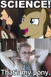 Size: 480x720 | Tagged: safe, screencap, character:doctor whooves, character:time turner, species:pony, episode:slice of life, g4, my little pony: friendship is magic, caption, glasses, image macro, male, meme, science, she blinded me with science, song reference, stallion, that's my x, thomas dolby