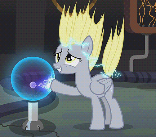 Size: 503x444 | Tagged: safe, screencap, character:derpy hooves, species:pegasus, species:pony, episode:slice of life, g4, my little pony: friendship is magic, alternate hairstyle, animated, cute, derpabetes, derpy doing derpy things, electricity, female, grin, loop, loose hair, mare, perfect loop, photoshop, plasma ball, raised hoof, shock, smiling, solo, squee