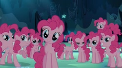 Size: 1280x720 | Tagged: safe, screencap, character:pinkie pie, species:earth pony, species:pony, episode:too many pinkie pies, g4, my little pony: friendship is magic, cave, cave pool, clone, female, mirror pool, pinkie clone, that cute clone