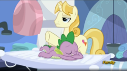 Size: 1665x927 | Tagged: safe, screencap, character:spike, episode:princess spike, g4, my little pony: friendship is magic, by order of the princess, eyes closed, frown, grin, logic, massage, masseuse pony, prone, quake, smiling, unamused, underhoof