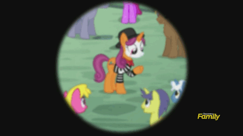 Size: 500x281 | Tagged: safe, screencap, character:berry punch, character:berryshine, character:cherry berry, character:coco crusoe, character:comet tail, character:pokey pierce, character:quiet gestures, species:pony, episode:princess spike, g4, my little pony: friendship is magic, :o, animated, bipedal, clothing, discovery family, discovery family logo, frown, gif, hat, mime, sitting, watching