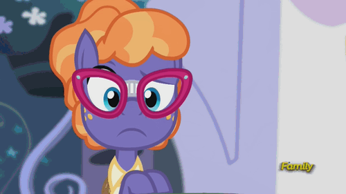 Size: 500x281 | Tagged: safe, screencap, character:frazzle rock, episode:princess spike, g4, my little pony: friendship is magic, adorkable, animated, broken glasses, bucktooth, cute, discovery family, discovery family logo, dork, frazzlebetes, frown, glasses, looking at you, raised eyebrow, solo, talking, worried