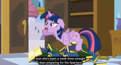 Size: 1600x855 | Tagged: safe, screencap, character:twilight sparkle, character:twilight sparkle (alicorn), species:alicorn, species:pony, episode:princess spike, g4, my little pony: friendship is magic, book, female, mare, meme, princess sleeping on books, sparta, spartan, youtube caption