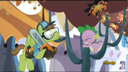 Size: 960x540 | Tagged: safe, screencap, character:douglas spruce, character:evergreen, character:spike, episode:princess spike, g4, my little pony: friendship is magic, cap, chainsaw, clothing, discovery family logo, dragonsneeze, eyes closed, goggles, hat, hoof shoes, pine tree, toolbelt, tree
