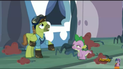 Size: 960x540 | Tagged: safe, screencap, character:douglas spruce, character:evergreen, character:spike, episode:princess spike, g4, my little pony: friendship is magic, allergic reaction, allergies, discovery family logo, dragonsneeze, error, goggles, hoof shoes, scorched, tired
