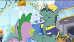 Size: 960x540 | Tagged: safe, screencap, character:constructicorn, character:spike, episode:princess spike, g4, my little pony: friendship is magic, clothing, construction pony, discovery family logo, eyes closed, hard hat, hat, hooves, pencil, stubble, toolbelt