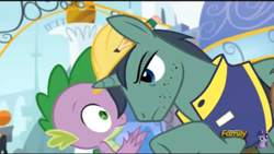 Size: 960x540 | Tagged: safe, screencap, character:constructicorn, character:spike, episode:princess spike, g4, my little pony: friendship is magic, clothing, construction pony, discovery family logo, hard hat, hat, pencil, pointing, stern, stubble