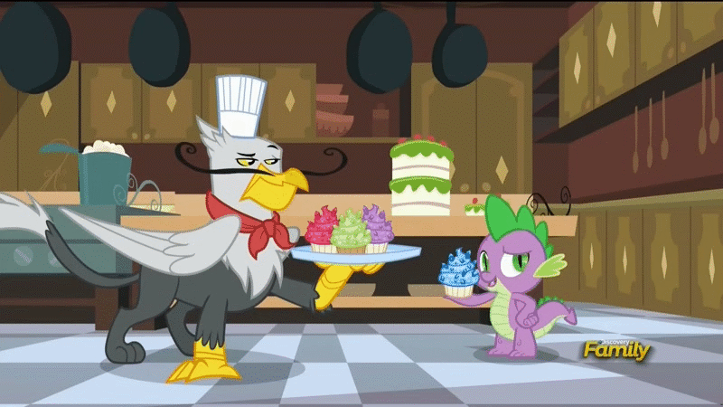 Size: 800x450 | Tagged: safe, screencap, character:gustave le grande, character:spike, species:dragon, species:griffon, episode:princess spike, g4, my little pony: friendship is magic, animated, by order of the princess, cupcake, duo, eyeroll, facial hair, food, gustave le grande, kitchen, male, moustache, platter, sapphire, sapphire cupcake, toque