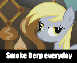 Size: 1514x1234 | Tagged: safe, screencap, character:derpy hooves, species:pegasus, species:pony, episode:slice of life, g4, my little pony: friendship is magic, derp, female, lidded eyes, mare, meme, smiling, smoke weed everyday, solo