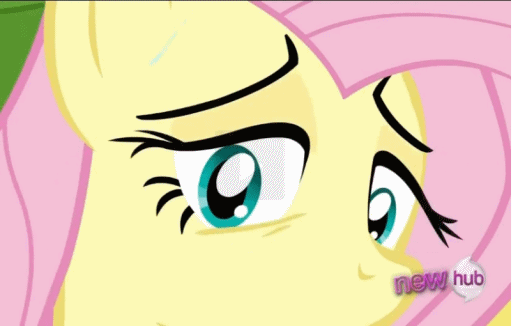 Size: 512x326 | Tagged: safe, screencap, character:fluttershy, species:pony, animated, eye, eyes, eyes widened, female, gif, mare, nervous, shocked, solo, sweat, three quarter view, wide eyes