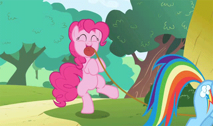 Size: 440x260 | Tagged: safe, screencap, character:pinkie pie, character:rainbow dash, species:earth pony, species:pegasus, species:pony, episode:griffon the brush-off, animated, bipedal, cute, dancing, diapinkes, gif, loop, mouth hold, solo focus