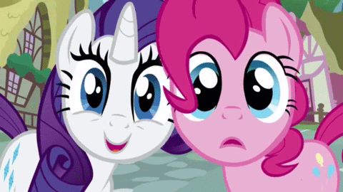 Size: 480x270 | Tagged: safe, screencap, character:pinkie pie, character:rarity, species:earth pony, species:pony, species:unicorn, episode:the ticket master, g4, my little pony: friendship is magic, animated, blinking, cropped, female, looking at you, mare