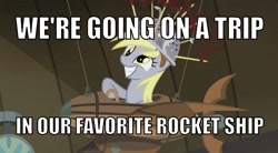 Size: 600x331 | Tagged: safe, screencap, character:derpy hooves, species:pegasus, species:pony, episode:slice of life, g4, my little pony: friendship is magic, derpy doing derpy things, female, flying machine, image macro, little einsteins, mare, meme, muffin 1, rocket