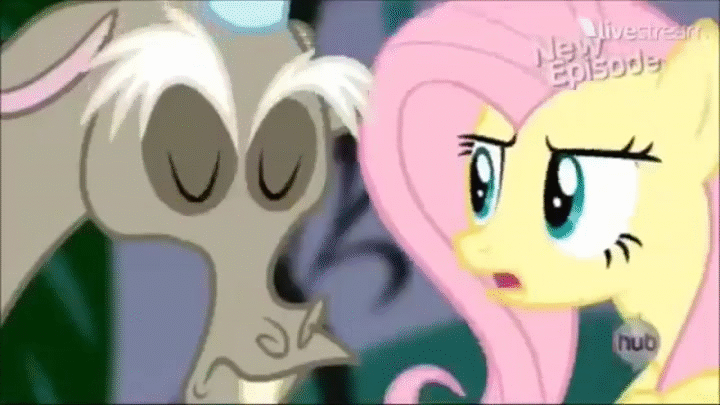 Size: 720x405 | Tagged: safe, screencap, character:discord, character:fluttershy, species:draconequus, species:pegasus, species:pony, episode:princess twilight sparkle, g4, my little pony: friendship is magic, animated, female, hub logo, hubble, male, mare, micro, new episode, shrink, shrinking, stare, the hub