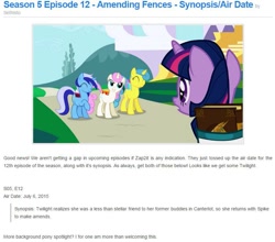Size: 829x729 | Tagged: safe, screencap, character:lemon hearts, character:minuette, character:twilight sparkle, character:twinkleshine, equestria daily, episode:amending fences, g4, my little pony: friendship is magic, book, saddle bag