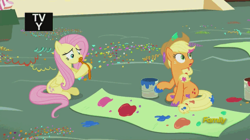 Size: 500x281 | Tagged: safe, screencap, character:applejack, character:fluttershy, species:earth pony, species:pegasus, species:pony, episode:party pooped, g4, my little pony: friendship is magic, animated, applejack's hat, balloon, banner, blowing, blowing up balloons, clothing, confetti, cowboy hat, cute, discovery family, discovery family logo, female, frown, hat, inflating, jackabetes, mare, messy, paint, paint in hair, paint on fur, puffy cheeks, red face, shyabetes, sitting, sweat, talking, wide eyes