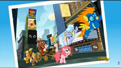 Size: 1920x1080 | Tagged: safe, screencap, character:blaze, character:cherry jubilee, character:cloudchaser, character:pinkie pie, character:promontory, species:earth pony, species:pegasus, species:pony, episode:party pooped, g4, my little pony: friendship is magic, background pony, bridleway, caboose, cats (musical), female, flying, male, manehattan, mare, photo, stagecoach, stallion, waving, wonderbolt trainee uniform, wonderbolts, wonderbolts poster