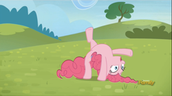 Size: 1280x717 | Tagged: safe, screencap, character:pinkie pie, episode:party pooped, g4, my little pony: friendship is magic, backbend, bridge stretch, flexible, solo, splits