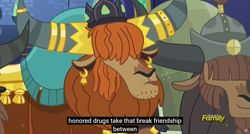 Size: 1600x855 | Tagged: safe, screencap, character:prince rutherford, species:yak, episode:party pooped, g4, my little pony: friendship is magic, discovery family logo, drugs, meme, youtube caption