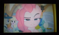 Size: 2240x1344 | Tagged: safe, screencap, character:luckette, character:pinkie pie, species:earth pony, species:pony, episode:party pooped, g4, my little pony: friendship is magic, blueberry curls, bubblegum blossom, discovery family logo, female, lucky breaks, male, mare, stallion