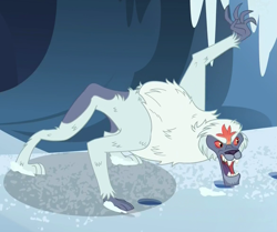 Size: 1169x976 | Tagged: safe, screencap, character:snowbutt mctwinkles, episode:party pooped, g4, my little pony: friendship is magic, cropped, open mouth, raised paw, solo, yeti
