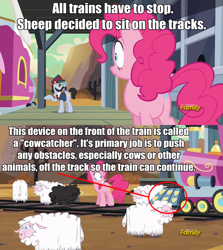 Size: 1092x1224 | Tagged: safe, screencap, character:all aboard, character:pinkie pie, character:ringo, species:earth pony, species:pony, species:ram, species:sheep, episode:party pooped, g4, my little pony: friendship is magic, :t, beard, black sheep, cowcatcher, dammit hasbro, dodge junction, ewe, eyes closed, facial hair, female, frown, gritted teeth, male, mare, moustache, pointing, ringo, smiling, stallion, train, wide eyes