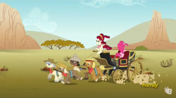 Size: 929x516 | Tagged: safe, screencap, character:cherry jubilee, character:john bull, character:pinkie pie, character:promontory, species:earth pony, species:pony, episode:party pooped, g4, my little pony: friendship is magic, blank flank, caboose, carriage, discovery family logo, dust, evening star, female, male, mare, stallion
