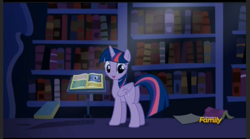 Size: 1009x561 | Tagged: safe, screencap, character:twilight sparkle, character:twilight sparkle (alicorn), species:alicorn, species:pony, episode:amending fences, g4, my little pony: friendship is magic, book, bookshelf, discovery family logo, female, mare, predictions and prophecies, solo, twilight's canterlot home