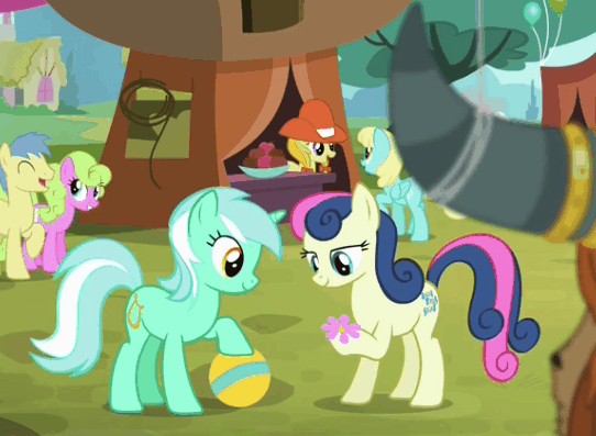 Size: 542x397 | Tagged: safe, screencap, character:bon bon, character:cherry berry, character:daisy, character:goldengrape, character:jonagold, character:lyra heartstrings, character:prince rutherford, character:sassaflash, character:sweetie belle, character:sweetie drops, species:yak, ship:lyrabon, episode:party pooped, g4, my little pony: friendship is magic, adorabon, animated, apple family member, best friends, cute, dawwww, eyes closed, female, flower, flower in hair, happy, hoof hold, lesbian, lyrabetes, open mouth, raised hoof, shipping, smiling